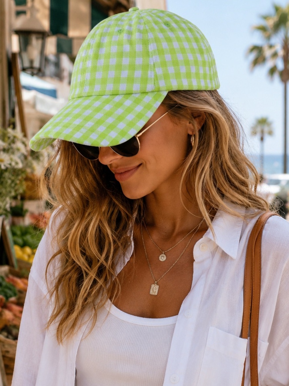 Roller Rabbit Remi Gingham Baseball Cap Lime Green Organic Cotton NWT